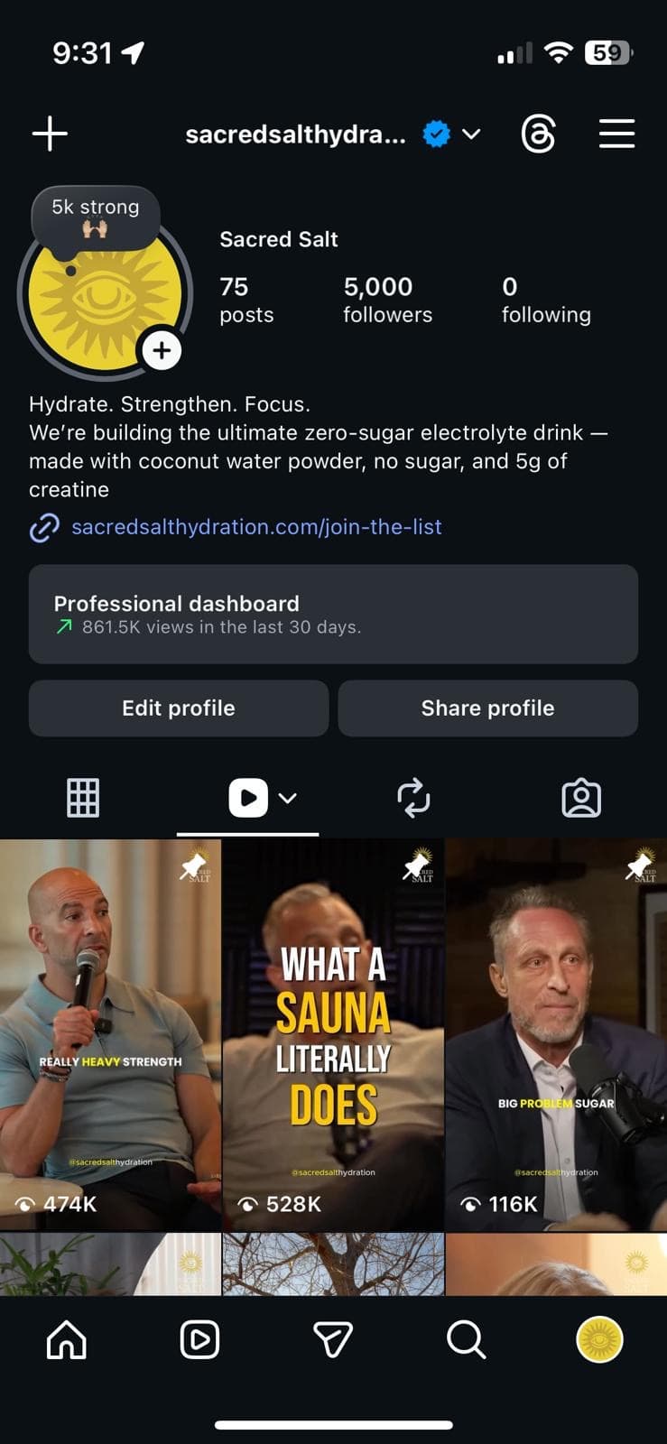 Sacred Salt profile showing 5,000 followers and 861.5K views in the last 30 days